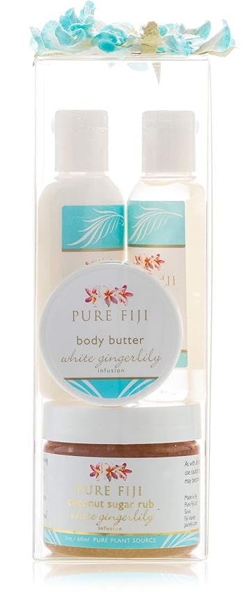 Pure Fiji Spa Gift for Women - Body Gift Box Include: Body Lotion 1Fl.Oz, Nourishing Exotic Oil 1 Fl.Oz, Body Butter 0.5oz & Sugar Rub 2oz, Scent White Gingerly-Velvo Beauty