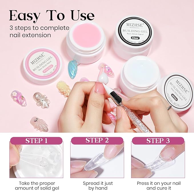 MIZHSE Solid Builder Gel for nails, 3 Colors Sculpting Gel for Nails, Clear White Pink Non-Sticky Hand 3D Nail Art Building Carving Modeling Hard Nail Extension Manicure Salon Home DIY Gift-Velvo Beauty