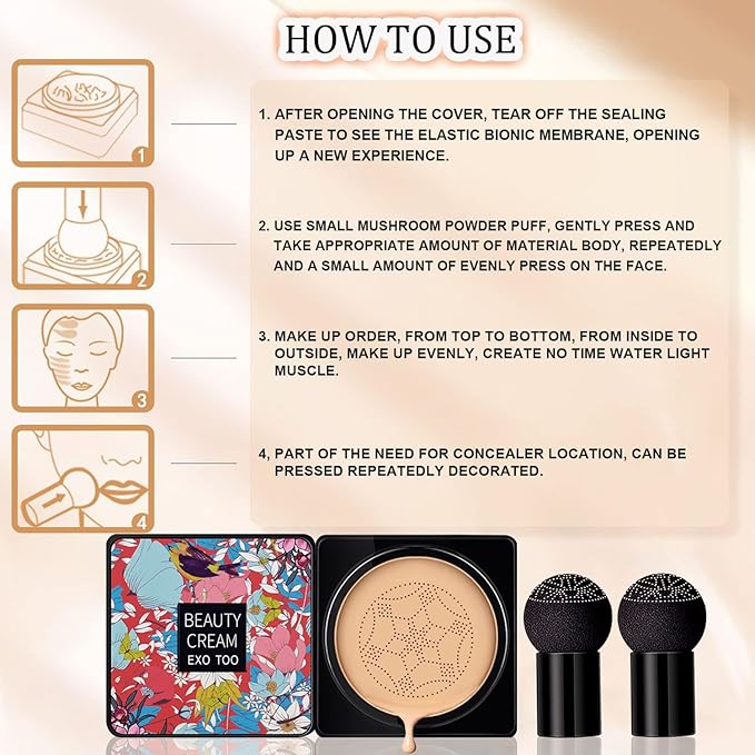 Beauty Cream EXO TOO Foundation, Beauty Cream Makeup Base, Moisturizing, Long Lasting Matte Air Cushion CC Cream Concealer with Two Mushroom Head Sponges-Velvo Beauty