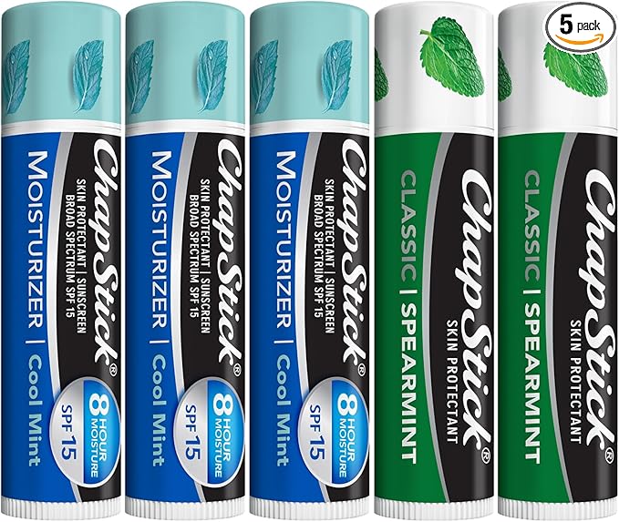 ChapStick Moisturizer 2-in-1 Lipcare SPF 15 Cool Mint 3-Pack + Classic Spearmint Lip Balm 2-Pack, 0.15 Oz Ea (5 Piece Set)-Velvo Beauty