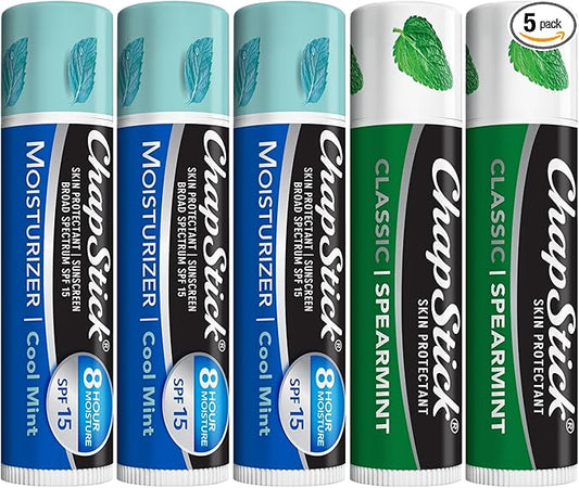 ChapStick Moisturizer 2-in-1 Lipcare SPF 15 Cool Mint 3-Pack + Classic Spearmint Lip Balm 2-Pack, 0.15 Oz Ea (5 Piece Set)-Velvo Beauty