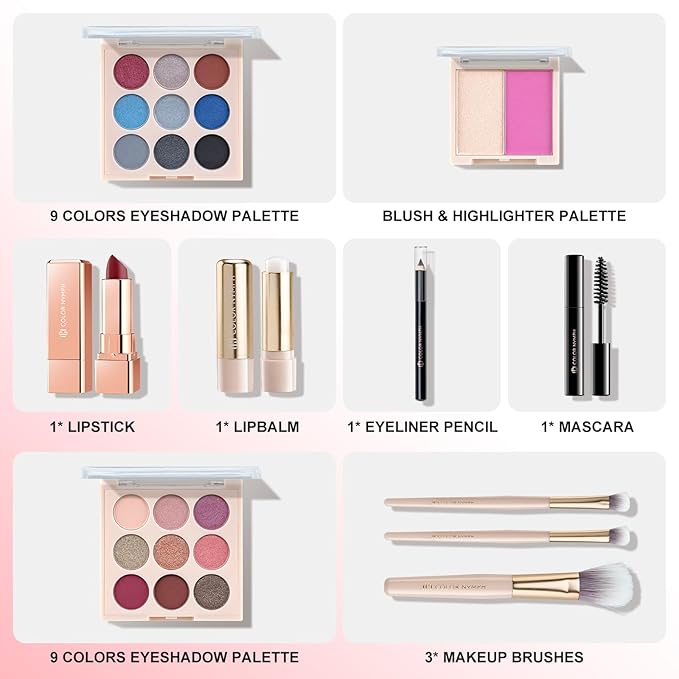 Color Nymph Beginner Makeup Set, Full Starter Cosmetics Set for Teenager Girls with Eyeshadow Palette Blush Lipstick Lip Pencil Eye Pencil Brush Mascara Portable Bag-Velvo Beauty