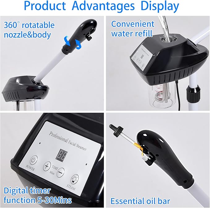 Professional Facial Steamer on Wheels, Facial Steamer for Facial Deep Cleaning, Facial Humidifier for Spa, Adjustable Height for Spa, Salon and at Home Use-Velvo Beauty