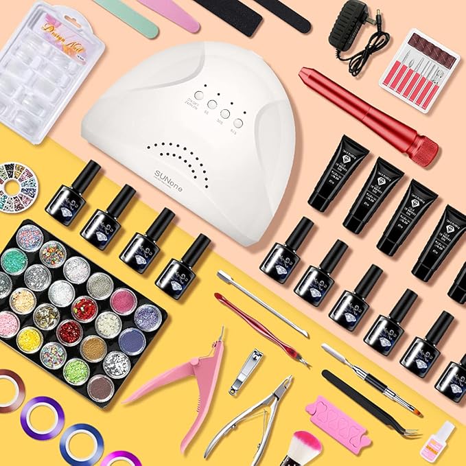 Gel Nail Polish Kit for Women with 6 Colors Extension Poly Nail Gel set, 48W UV Lamp, 12pcs nail polish set with Base Coat and Top coat,Professional Manicure Tool for Home DIY Salon-Velvo Beauty