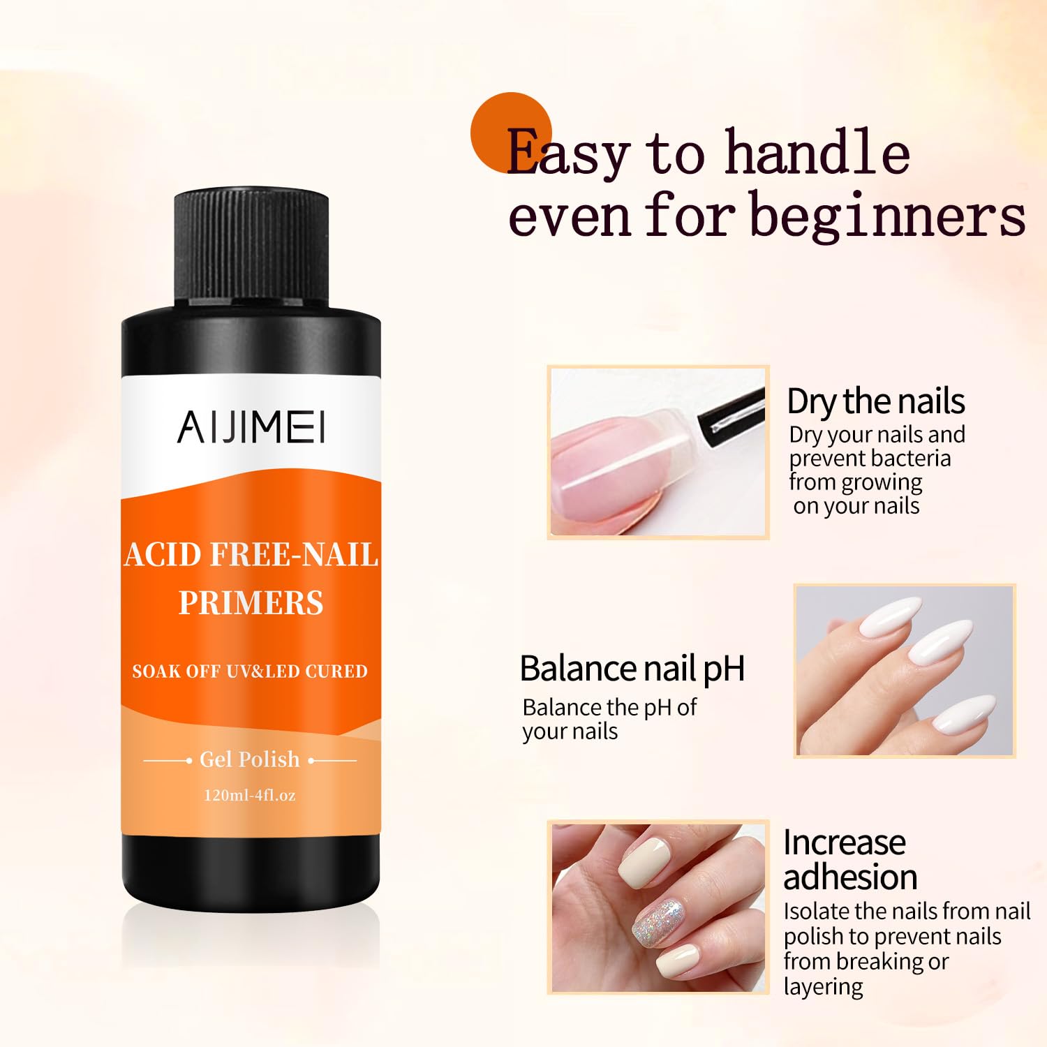 AIJIMEI Nail Primer for Gel Polish Nail Primer for Stronger Nails, Nail Care Compatible with All Polishes Nail Art Enhance Adhesion and Extend Gel Manicure Wear4 Fl Oz-Velvo Beauty