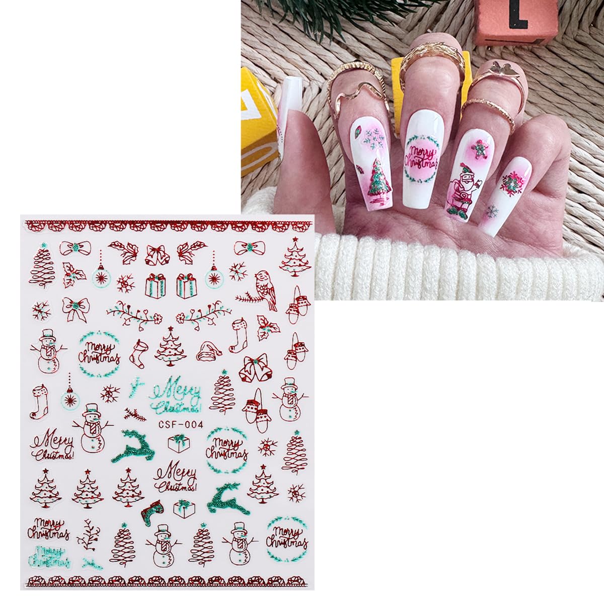 JMEOWIO 9 Sheets Christmas Glitter Nail Art Stickers Decals Self-Adhesive Green Red Snowflake Winter Holiday Nail Supplies Nail Art Design Decoration Accessories-Velvo Beauty