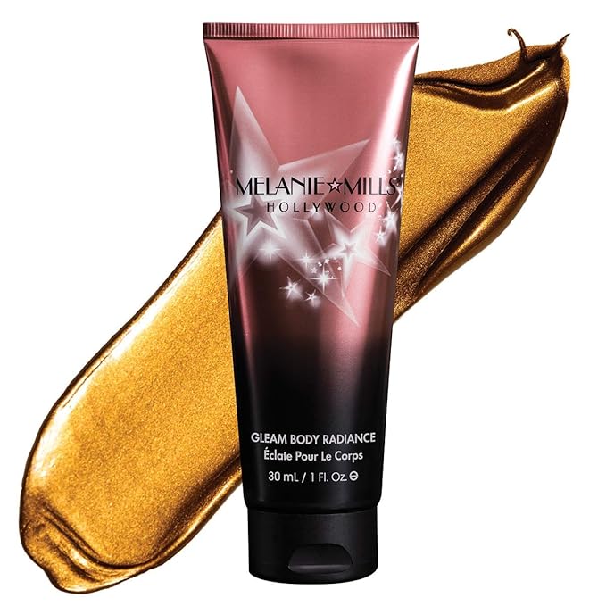Melanie Mills Hollywood Gleam Body Radiance All In One Makeup, Moisturizer & Glow For Face & Body - Bronze Gold, Mini 1 fl.oz.-Velvo Beauty