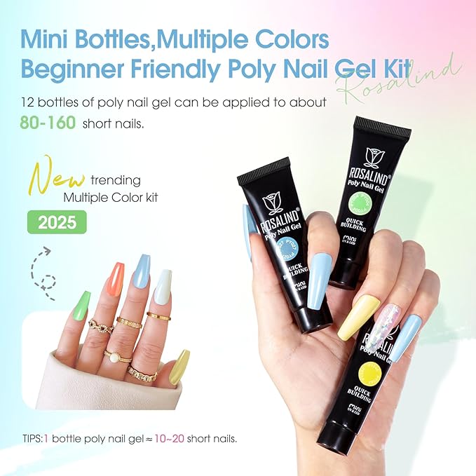 ROSALIND 12PCS Poly Nail Gel Kit with Mini Nail Lamp Nude Brown Cherry Pink Poly Extension Gel Kits-Velvo Beauty