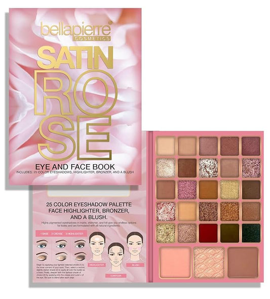 Bellapierre Satin Rose Face & Eye Book Palette | 25 Eyeshadow Shades with Blush, Bronzer, & Highlighter | Non-Toxic & Paraben Free | Vegan & Cruelty-Free-Velvo Beauty