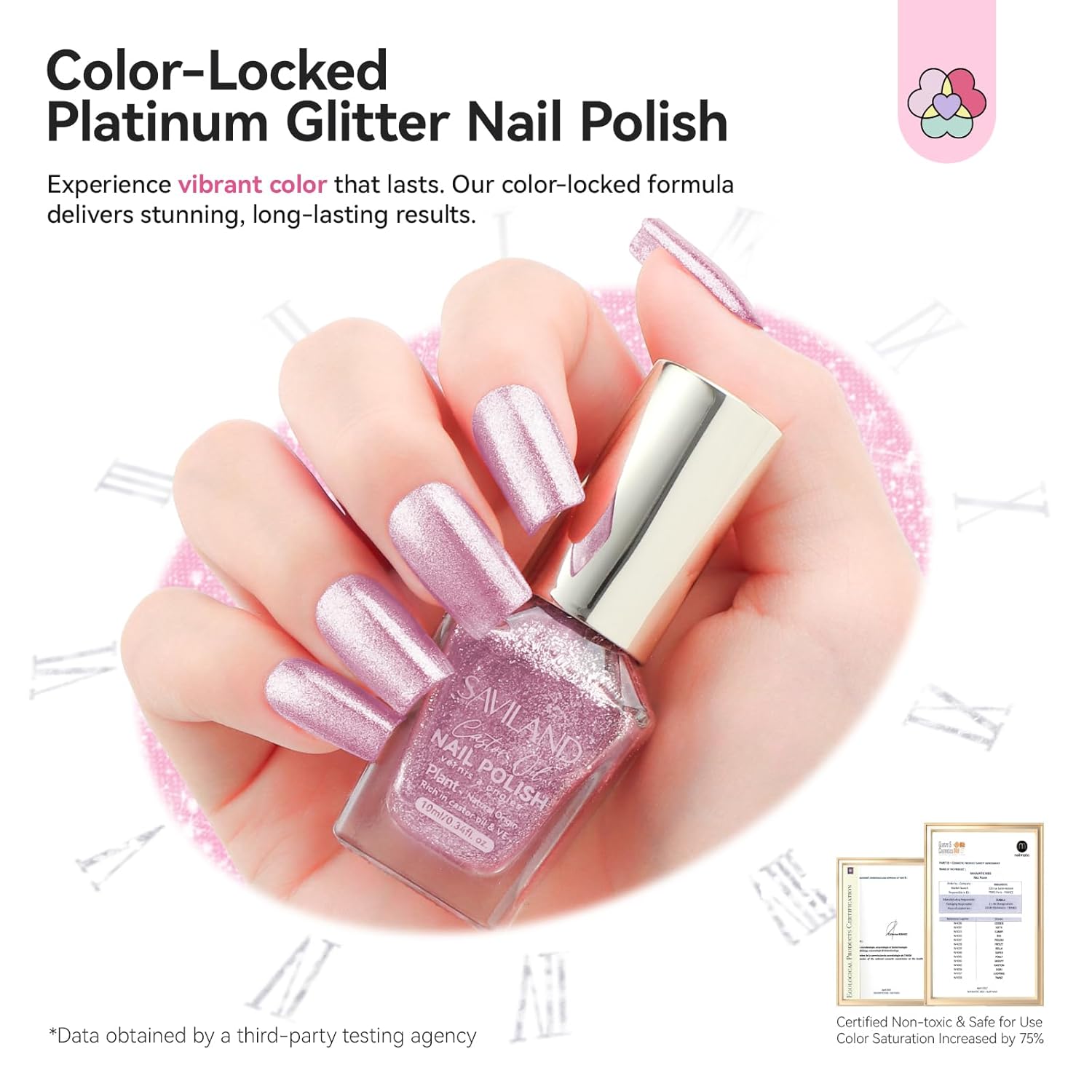 SAVILAND Color Artistry Rose Gold Glitter Nail Polish - 7 Days Shimmer Air Quick Dry Holographic Fingernail Polish, Sparkle Pink High Glossy Home DIY Manicure Gift for Women-Velvo Beauty