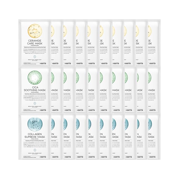 Hydrating Soothing Sheet Masks Gift Set for Skincare, Korean Vegan Sheet Mask for Dry, Sensitive Skin, Calming, Smoothing, Brightening, Collagen, Ceramide, Cica, Hyaluronic Acid 30EA-Velvo Beauty