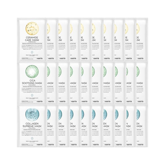 Hydrating Soothing Sheet Masks Gift Set for Skincare, Korean Vegan Sheet Mask for Dry, Sensitive Skin, Calming, Smoothing, Brightening, Collagen, Ceramide, Cica, Hyaluronic Acid 30EA-Velvo Beauty