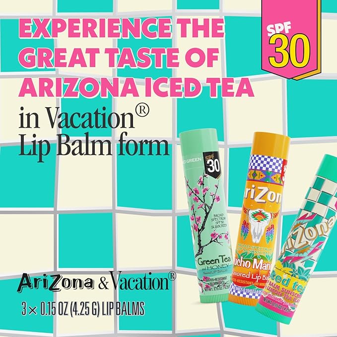 AriZona Iced Tea SPF 30 Lip Balms 3-Pack by Vacation Sunscreen, Hydrating Lip Sunscreen Chapstick, Water Resistant Vegan Sunscreen Lip Balm, 3 Iconic Flavors, Limited Edition SPF Chapstick (Pack of 3)-Velvo Beauty