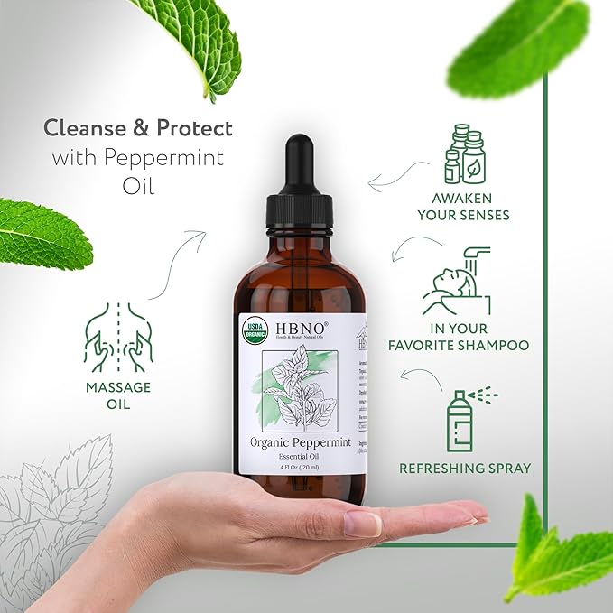 HBNO California Bottled Organic Peppermint Essential Oil (Mentha Piperita) 4 fl oz (120ml) - USDA Certified Organic Peppermint Oil for Hair - Perfect for Aromatherapy-Velvo Beauty