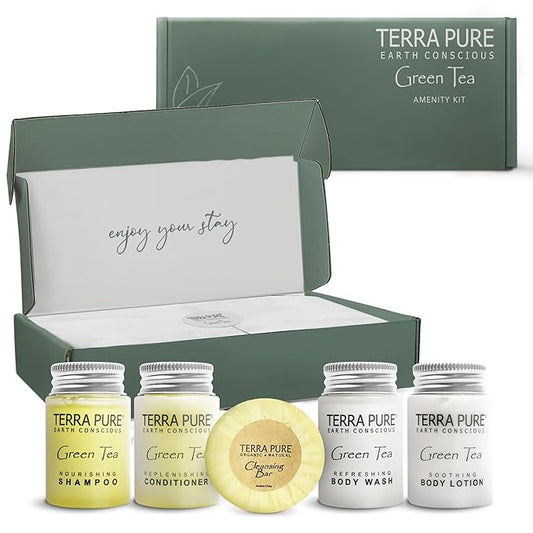 Terra Pure Green Tea Amenity Kit | Boxed Hotel Toiletries | Bulk Set 1oz Travel Size Shampoo, Conditioner, Lotion, Body Wash & Body Bar Soap for Guest Hospitality AirBnB/Vacation Rentals | 1 set/ case-Velvo Beauty