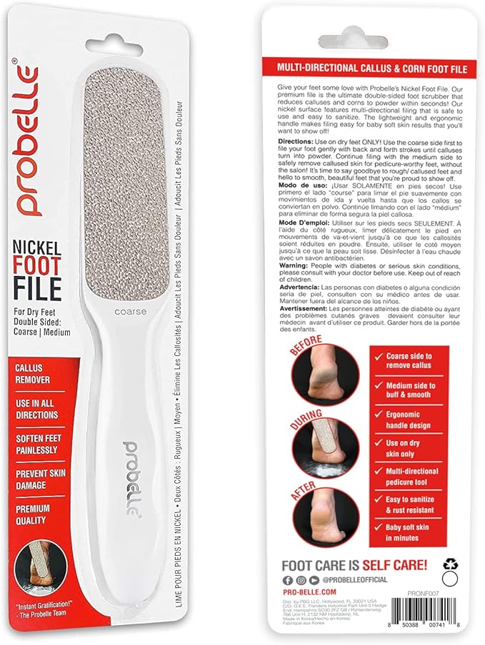Probelle Double Sided Multidirectional Nickel Foot File Callus Remover - Immediately Reduces calluses and Corns to Powder for Instant Results, Safe Tool (White)-Velvo Beauty