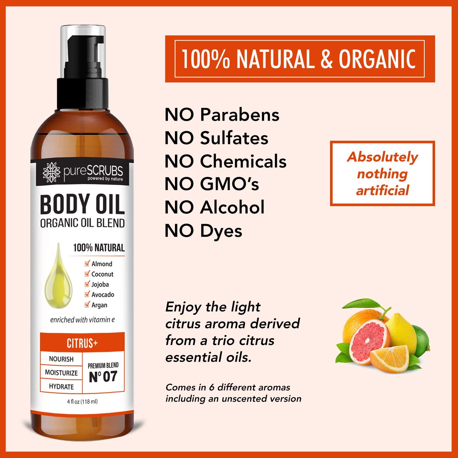 pureSCRUBS Ultra Moisturizing Citrus+ Body Oil Spray for Dry Skin, Massage, Cuticles & More Organic Super Blend of Jojoba, Argan, Coconut, Sweet Almond & Avocado Oils Enriched with Vitamin E, Lg 4oz-Velvo Beauty