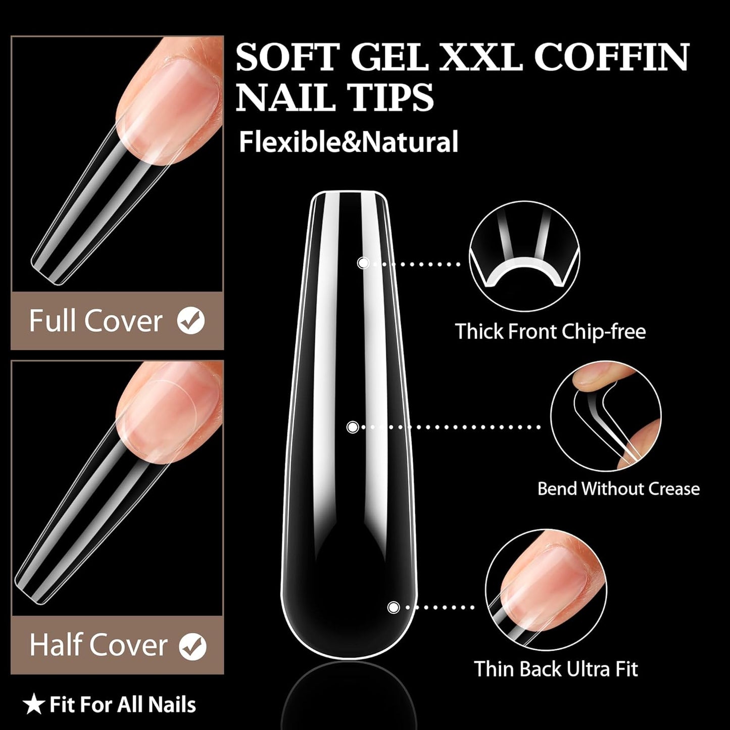 UNA GELLA XXL Coffin Nails Tips Full Cover 216pcs Extra Long Coffin Nail Tips No C Curve Clear Coffin Ballerina Nail Tips False Fake Acrylic Nails for Nail Extensions DIY Art Salon-Velvo Beauty