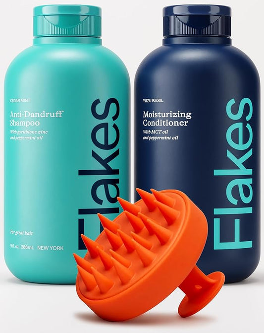 Flakes Anti Dandruff Shampoo and Conditioner Set for Men with Scalp Massager | Dry, Flaky, & Itchy Scalp Shampoo | Sulfate and Paraben Free | Hydrating Shampoo & Moisturizing Conditioner | 9 fl oz-Velvo Beauty