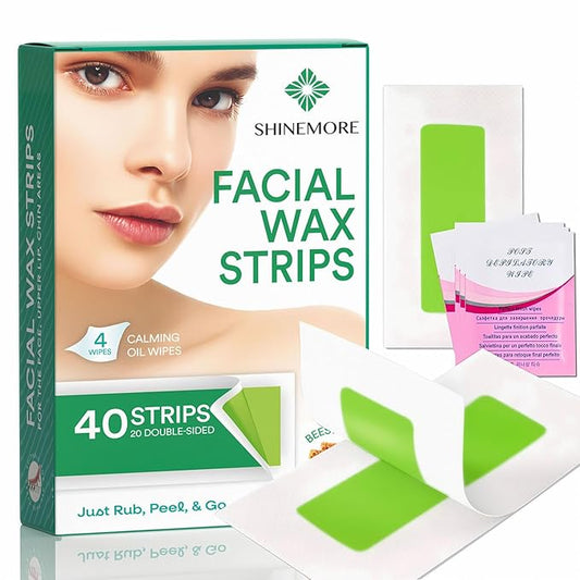 ShineMore Facial Wax Strips for hair removal - Hypoallergenic for All Skin Types - - Gentle and Fast-Working for Face, Eyebrow, Upper Lip, and Chin (40 Women Wax Strips + 4 Calming Oil Wipes NATURE NATION Ingredients )-Velvo Beauty