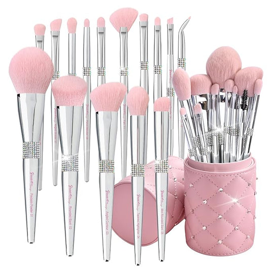 Bueart Design Elegant pink Ultra soft labeled Makeup Brushes Sets with Brush Holder makeup brush set with Foundation Powder blush blending contour Brush (15Pcs Silver Pink+Holder)-Velvo Beauty