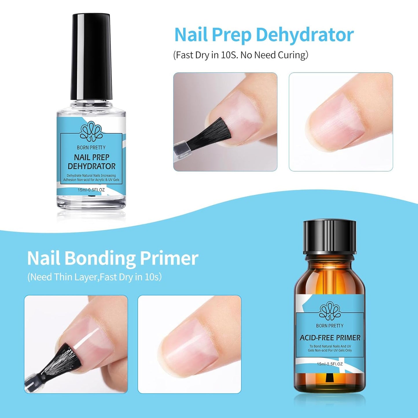 Born Pretty Nail Dehydrator and Primer, Nail Prep Dehydrator Acid Free Nail primer, Cuticle Oil for Nails, Base and Top Gel Coat Nail Supplies Functional Nail Set 5PCS-Velvo Beauty