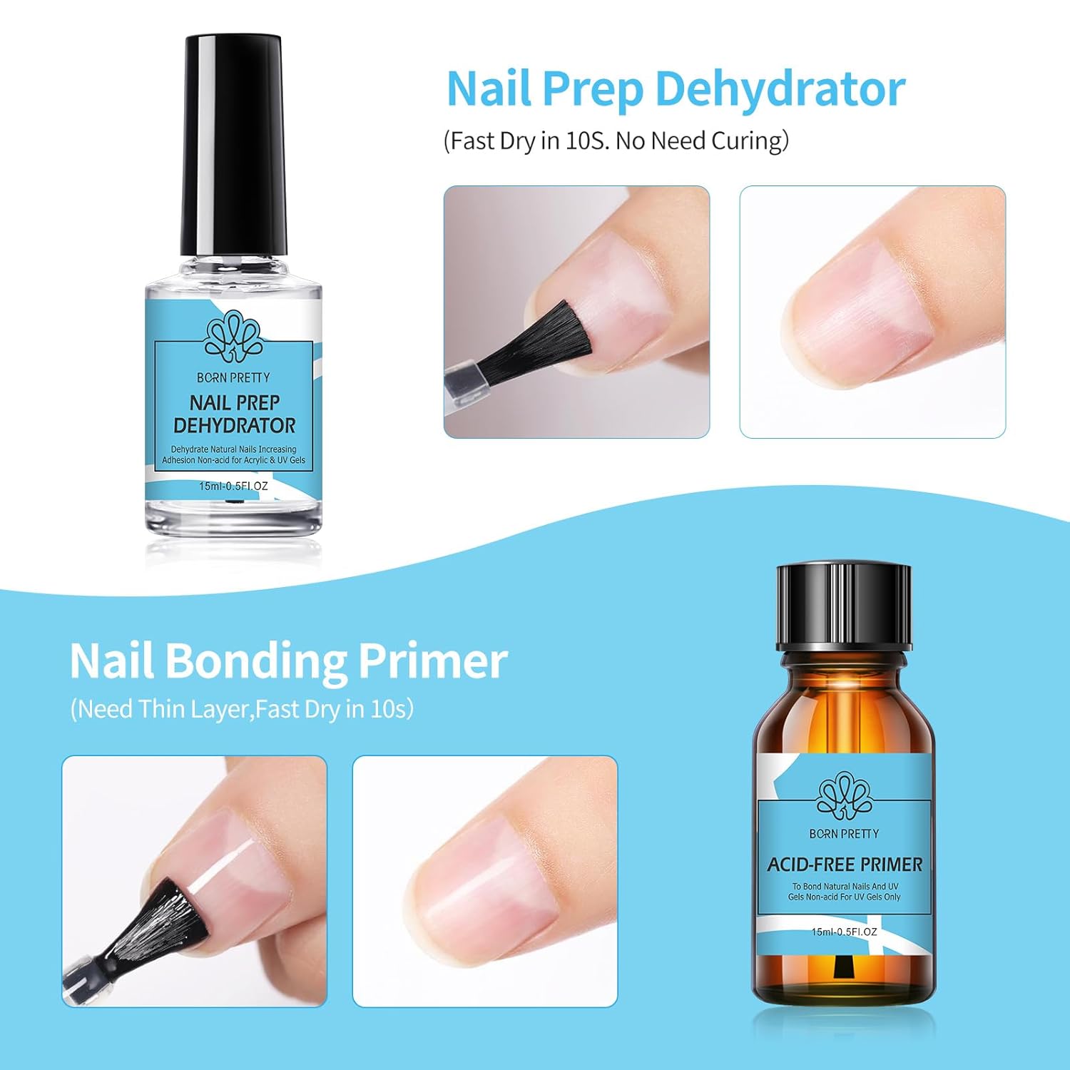 Born Pretty Nail Dehydrator and Primer, Nail Prep Dehydrator Acid Free Nail primer, Cuticle Oil for Nails, Base and Top Gel Coat Nail Supplies Functional Nail Set 5PCS-Velvo Beauty