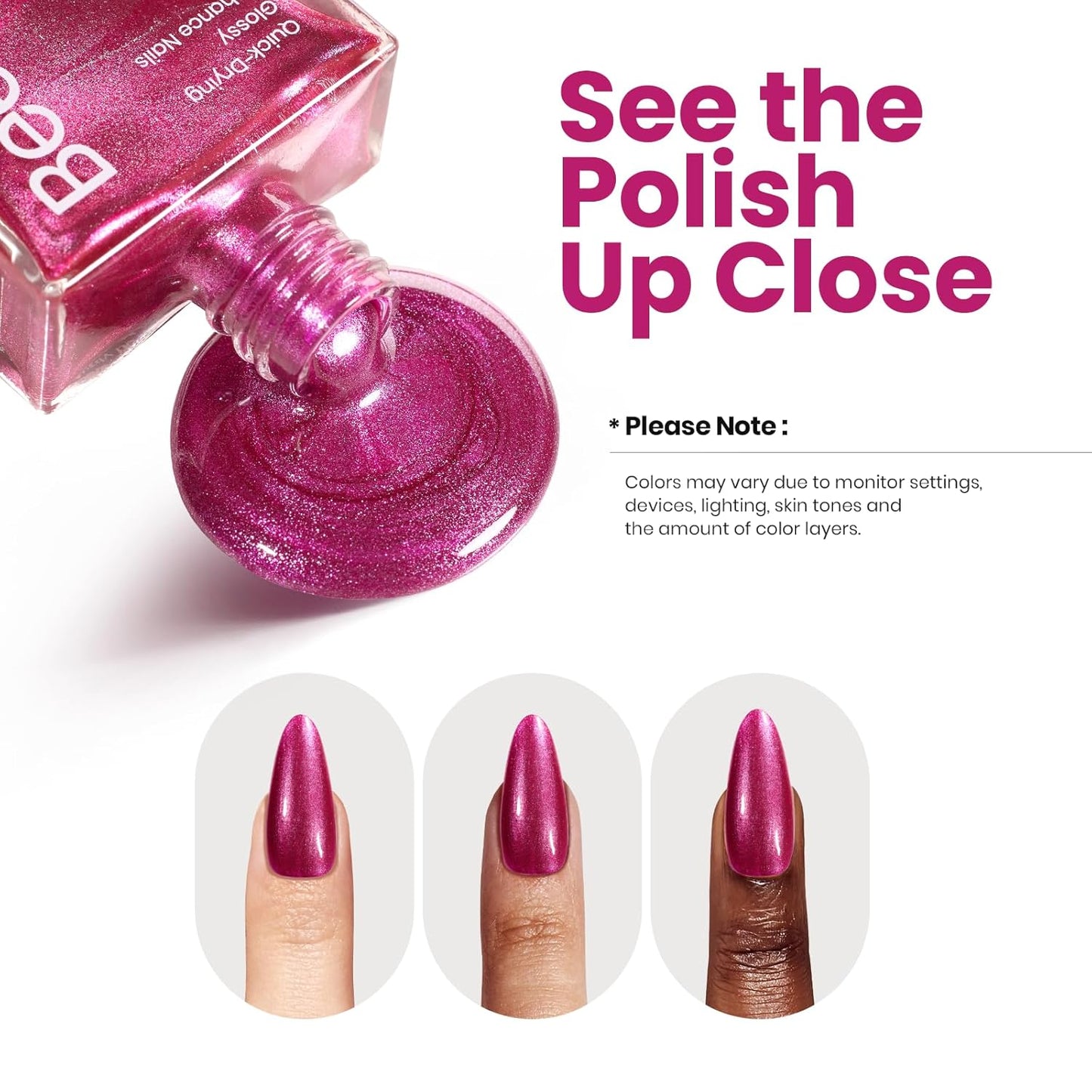 Beetles Hot Pink Nail Polish 15ml, Valentines Day Gifts for Women Fast Drying & Long Lasting Glitter Nail Polish Pink Nail Lacquer Glossy for DIY Nail Salon-Quality Results-Velvo Beauty