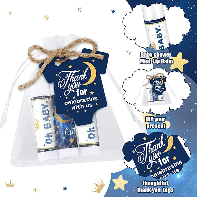 Demissle 50 Pcs Baby Shower Lip Balm Gift Set with 100 Pcs Organza Bags Baby Shower Party Favor for Guest Thank You Tag Rope Baby Shower Party Decoration Gender Reveal Souvenirs(Night)-Velvo Beauty