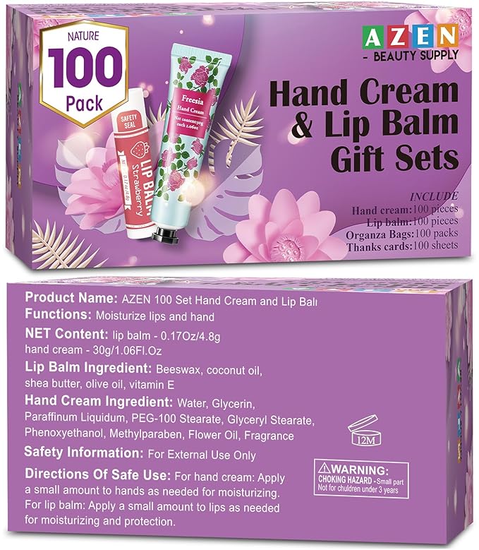 AZEN 100 Sets Hand Cream Bulk and Lip Balm Bulk Set, Bridal Shower Gifts for Guests with Organza Bag Thank You Card, Thank You Gifts for Coworkers Women Men, Bridal Wedding Favors for Guests-Velvo Beauty