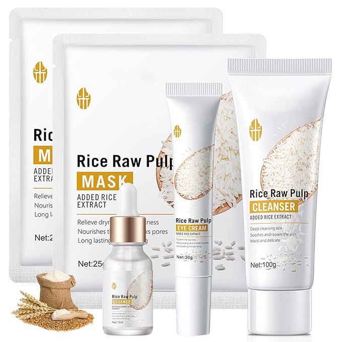 Rice Skin Care Sets, 5Pcs Face Care Set for Women, Moisturize Skin, Smooth Wrinkles & Fine Lines, Improve Skin, Hydrating Skin Care Routine Set with Rice Extract Face Serum, Mask, Cleanser, Eye Cream-Velvo Beauty
