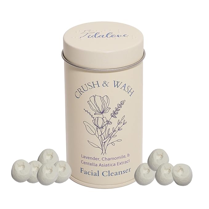 3-in-1 Solid Facial Cleanser, Exfoliator, and Wash-off Mask - Vegan, Cruelty-Free, Plastic-Free, Travel-Friendly, 1 Month Supply (60 Crushable Tablets) in Tin (Calming Beans in Tin)-Velvo Beauty