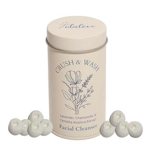 3-in-1 Solid Facial Cleanser, Exfoliator, and Wash-off Mask - Vegan, Cruelty-Free, Plastic-Free, Travel-Friendly, 1 Month Supply (60 Crushable Tablets) in Tin (Calming Beans in Tin)-Velvo Beauty