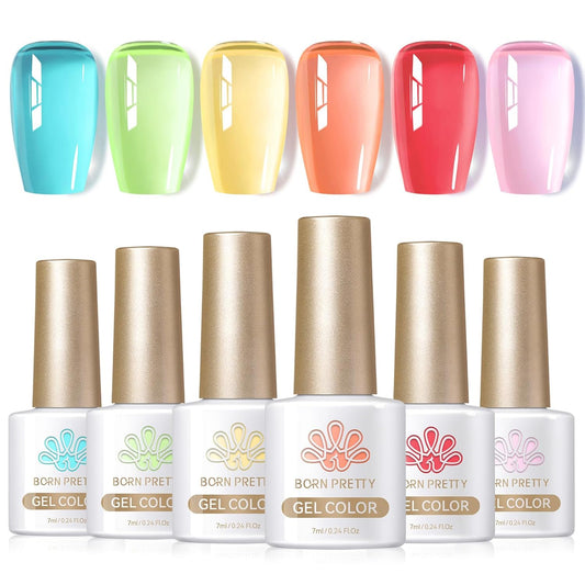 Born Pretty Jelly Gel Nail Polish Set Spring Summer Crystal Glass Translucent Pastel Gel Polish Blue Red Green Yellow Pink Soak Off U v Gel Polish 7ML 6PCS-Velvo Beauty