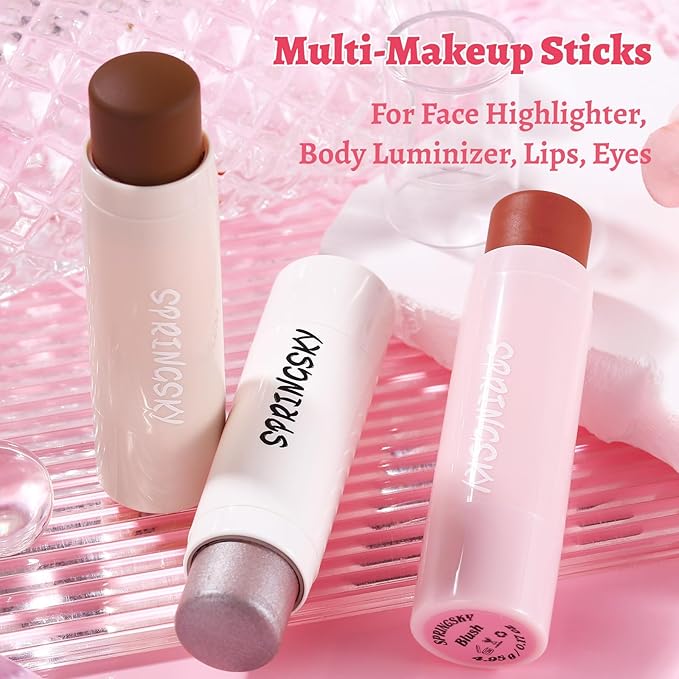 3Pcs Multi-Use Face Makeup Sticks Sets, Blendable Cream Blush Stick For Cheeks Lips, Highlighter Contour Shading Sticks Moisturizer Make Up Sets For Women (02)-Velvo Beauty