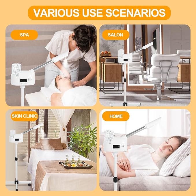 Professional Facial Steamer, Facial Steamer with Hot Mist and Timer Function, Adjustable Height Face Steamer on Wheels with 360° Rotatable Nozzle and Touch Screen for Deep Hydration and Cleaning-Velvo Beauty