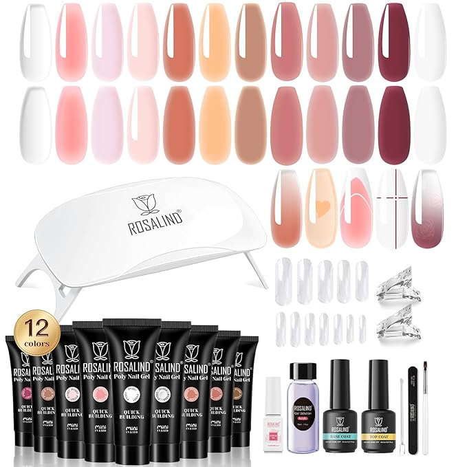ROSALIND Poly Nail Gel Kit -12 Colors + Nail Art Accessories Kit Summer Neon Poly Nails Gel Kit Starter Kit With Slip Solution Pro Bright Colors Nail Extensions Gel Set with Mini UV Lamp-Velvo Beauty