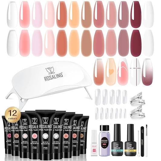 ROSALIND Poly Nail Gel Kit -12 Colors + Nail Art Accessories Kit Summer Neon Poly Nails Gel Kit Starter Kit With Slip Solution Pro Bright Colors Nail Extensions Gel Set with Mini UV Lamp-Velvo Beauty