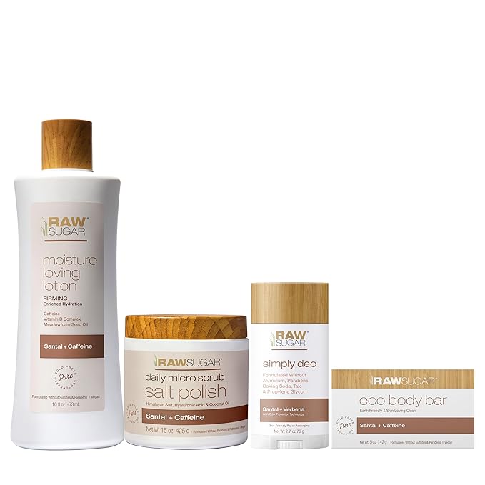 Raw Sugar Santal Body Love Bundle - Body Scrub, Body Lotion, Soap Bar, & Deodorant, Vegan and Cruelty Free, Formulated without Sulfates + Parabens-Velvo Beauty