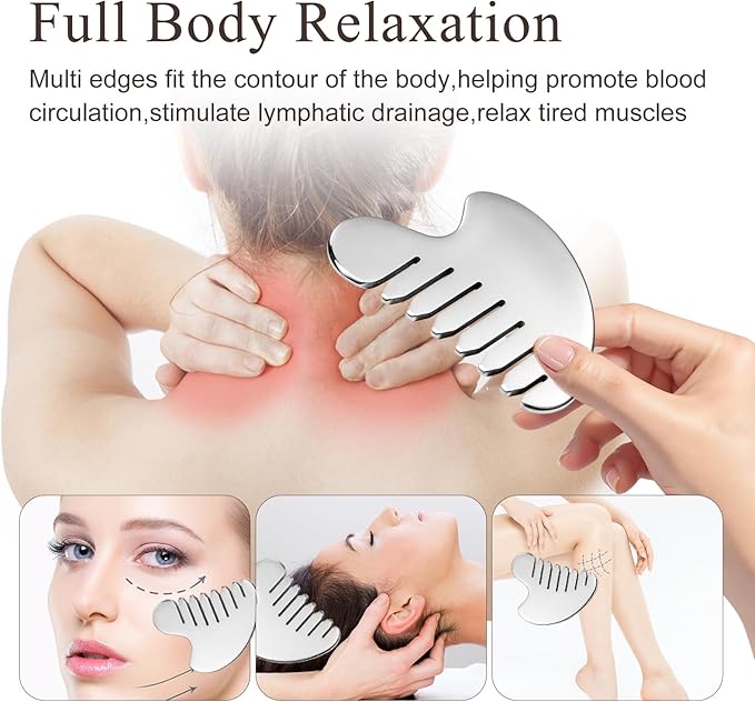 Gua Sha Facial Tool and Face Roller Set, Stainless Steel Lymphatic Drainage Massager for Face, Head, Eyes, Chin and Jaw, Lifting, Massage Scraping with Travel Pouch-Velvo Beauty