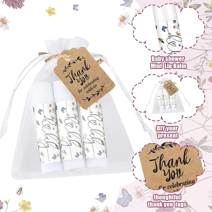 Demissle 50 Pcs Baby Shower Lip Balm Gift Set with 100 Pcs Organza Bags Baby Shower Party Favor for Guest Thank You Tag Rope Baby Shower Party Decoration Gender Reveal Souvenirs(Purple Flower)-Velvo Beauty