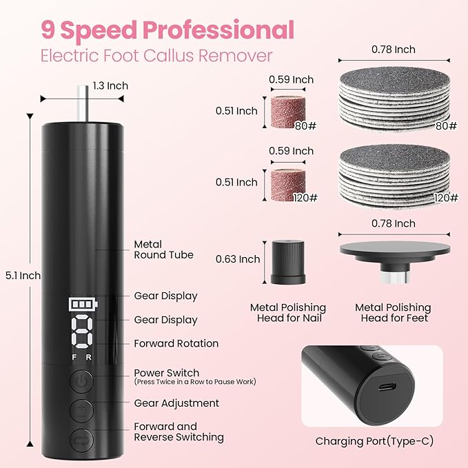 Electric Callus Remover for Feet, Rechargeable Professional Electronic Foot File Nail Grinder,9 Adjustable Speed Foot Sander Scrubber Pedicure Tool for Dry Dead Skin with Sandpaper Discs (Black)-Velvo Beauty