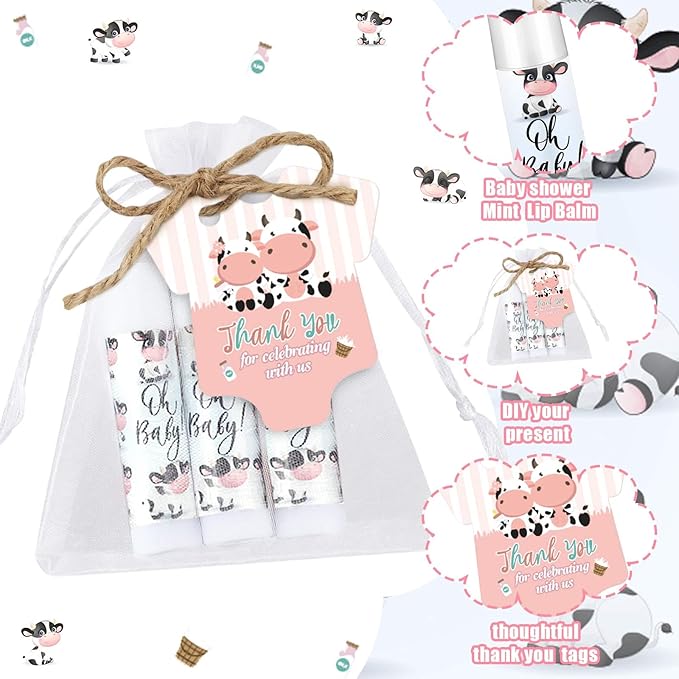 Demissle 50 Pcs Baby Shower Lip Balm Gift Set with 100 Pcs Organza Bags Baby Shower Party Favor for Guest Thank You Tag Rope Baby Shower Party Decoration Gender Reveal Souvenirs(Cow)-Velvo Beauty