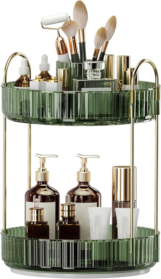 360° Rotating Makeup Organizer, Large-Capacity Skincare Make Up Storage 2 Tier Perfume Organizers Cosmetic Dresser Organizer with Makeup Brush Holder, Fits Bedroom, Bathroom, Vanity Shelf Countertop-Velvo Beauty