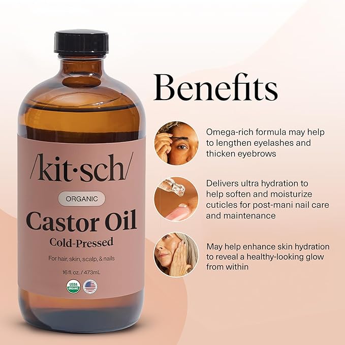 Kitsch Organic Castor Oil for Hair Growth - 100% Pure Castor Oil, Organic Cold Pressed Unrefined Glass Bottle for Face, Skin, Lashes, Brows, Scalp, Nails & Belly Button - Hexane Free, USDA - 16 oz-Velvo Beauty