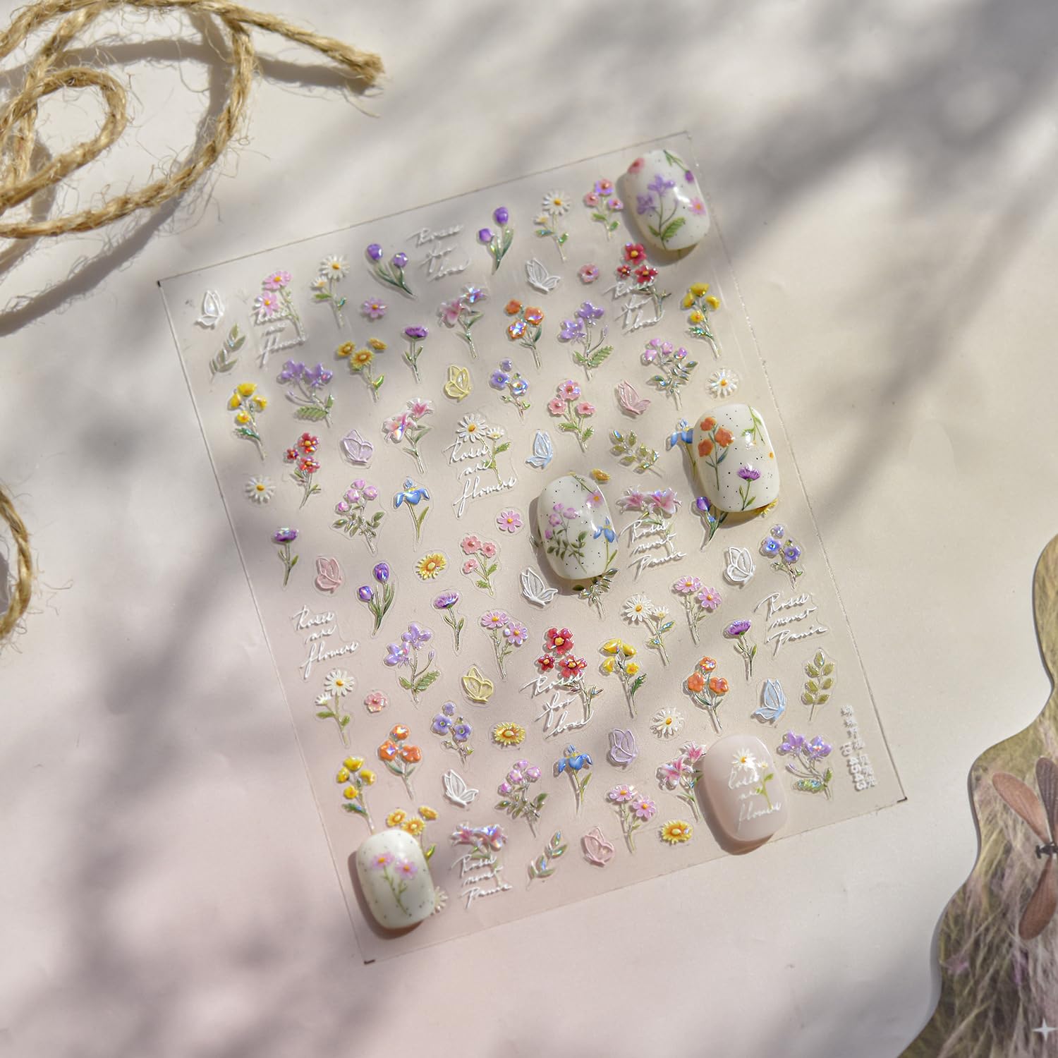 Flowers Nail Art Stickers for Acrylic Nails Colorful Flower Nail Decals 5D Embossed Self Adhesive Daisy Nail Sticker with Butterfly Designs Nail Stickers Spring Cute Floral Nail Decal for Women-Velvo Beauty