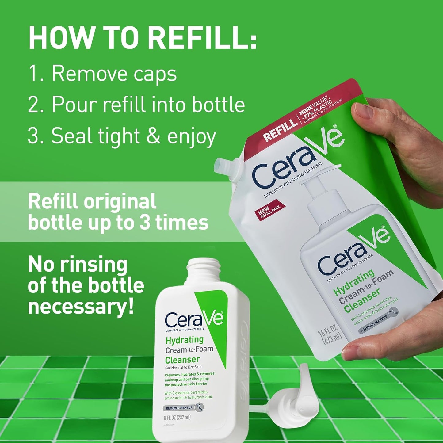 CeraVe Hydrating Cream To Foam Cleanser, Makeup Remover Face Wash For Dry Skin, Foaming Facial Cleanser With Hyaluronic Acid, Normal To Dry Skin, Fragrance Free & Non Comedogenic, 16 Ounce Refill-Velvo Beauty