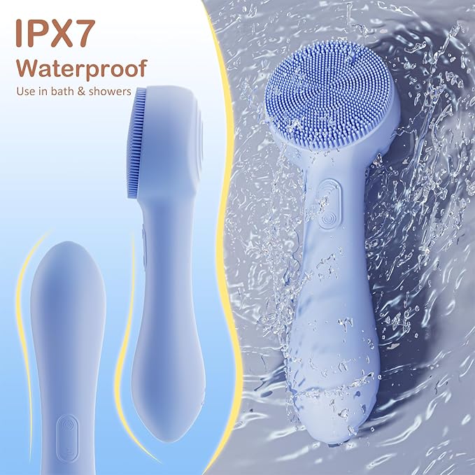 Facial Cleansing Brush Silicone Face Scrubber Waterproof Rechargeable Exfoliator Massage Device for Men & Women, Deep Pore Cleansing, Exfoliating, Removing Blackhead Electric Face Scrub Brush (Blue)-Velvo Beauty