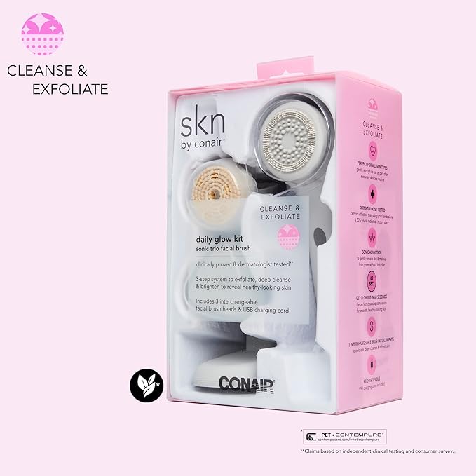 skn by conair Daily Glow Facial Cleansing Brush, All-in-One Facial Brush Includes 3 Interchangeable Attachments for Complete Cleansing, Exfoliation, and Rejuvenation-Velvo Beauty
