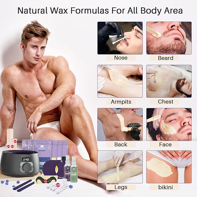 BLITZWAX Back and Nose Waxing Kit for Men, Hard Wax Warmer for Brazilian, Body and Face, At Home Hair Removal Kit, Beginner Friendly, Quick Heating, 93 Accessories, Charcoal Grey-Velvo Beauty